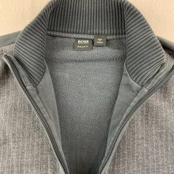 Hugo Boss Mens Sweater Jacket XL Gray Herringbone Full Zip Elbow Patches Pockets - Picture 2 of 10